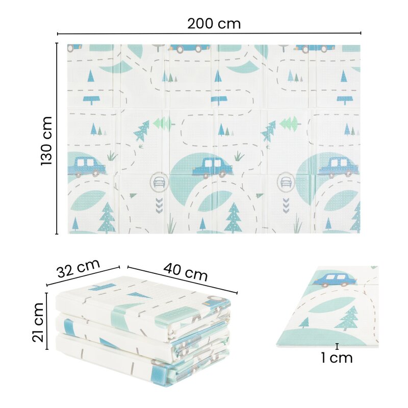 Covoras educativ, Petite&Mars, Campy L, Din spuma XPE non-toxica, Cu doua fete, Suprafata antiderapanta, 130x200 cm, Pliabil compact 40×32×21 cm, Model animalute si forme geometrice