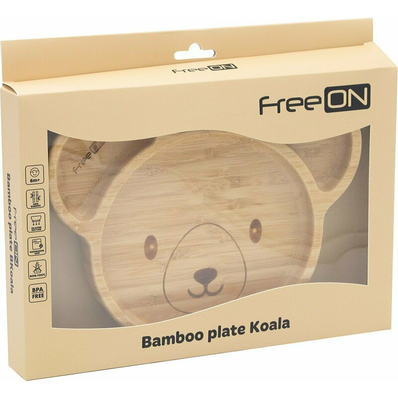 Farfurie compartimentata, FreeON, Din bambus, Cu ventuza, Conform cu standardul european de securitate EN 14372:2004, Bear