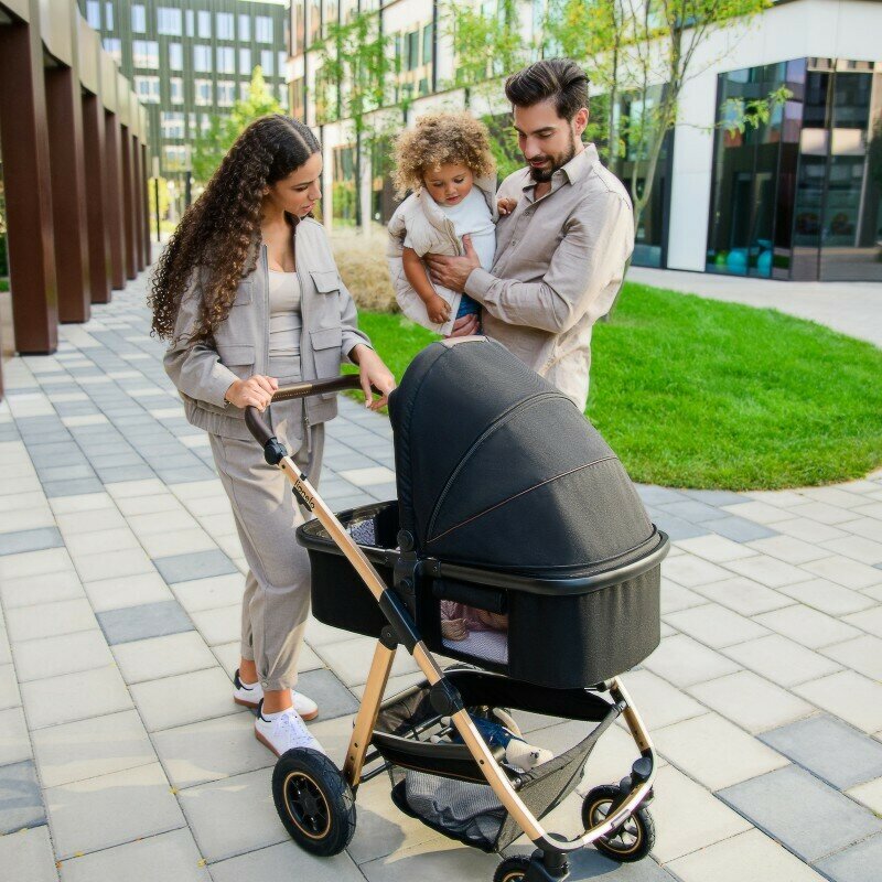 Carucior 3 in 1, Lionelo, Amber, Cadru aluminiu, Cu landou intarit si salteluta moale, Cu scoica auto testata ADAC, Reversibil, Cu accesorii, Geanta parinti, Pana la 22 kg, EN1888-1 EN1888-2 EN1466 ECE R129, Negru onyx