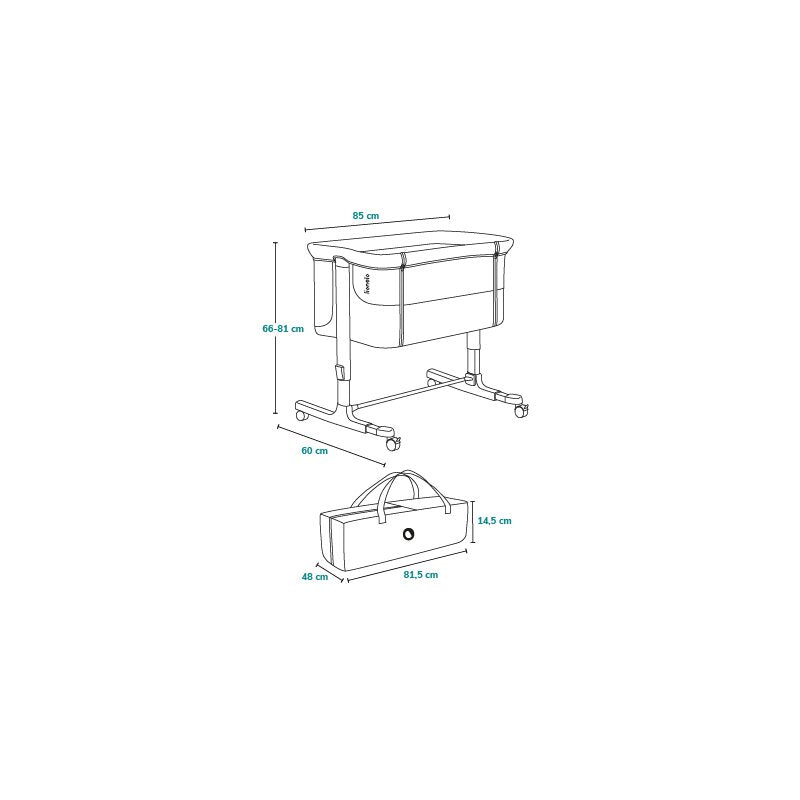 Patut co-sleeper, Lionelo, Aurora, 3 in 1, Cu leganare si setare unghiulara, Include saltea cu densitate T25 si geanta transport, Reglabil in 5 pozitii pe inaltime, Pana la 9 kg, 0 luni+, 85x60x66 cm, Conform cu EN 1130:2019+AC:2020, EN 16890:2, Gri