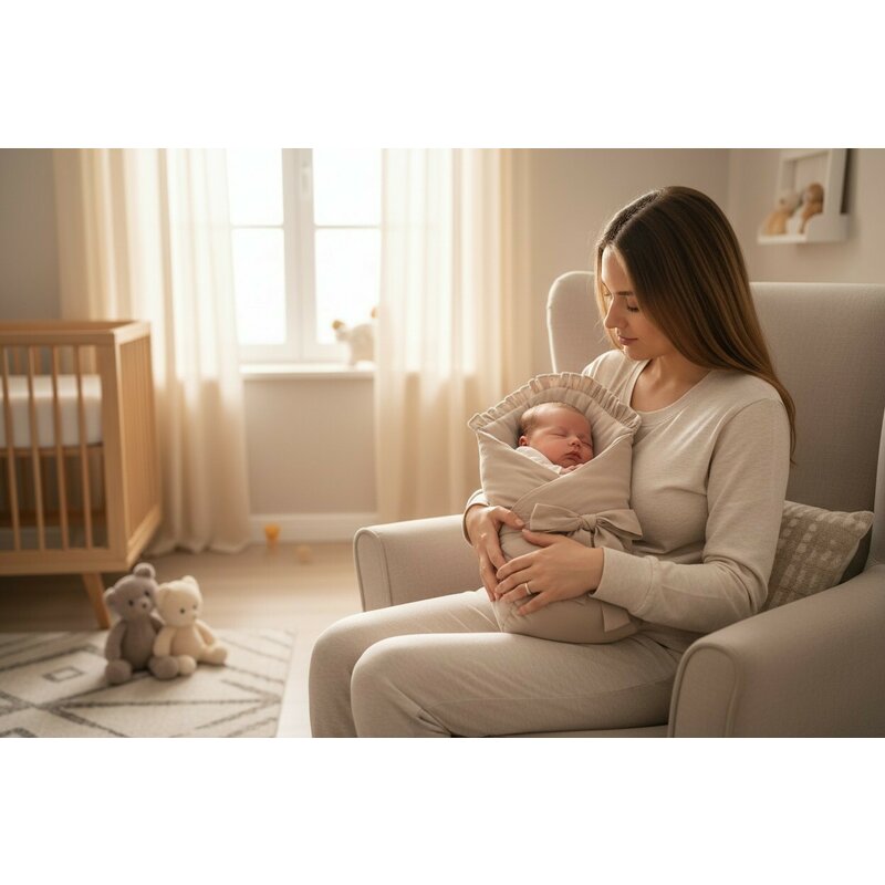 Paturica de infasat, MimiNu, Cu volanase, Cu multiple utilizari, Cu inchidere cu panglica, Dimensiune 75x75 cm, Din bumbac certificat Oeko Tex Standard 100, Colectia Royal, Mocha