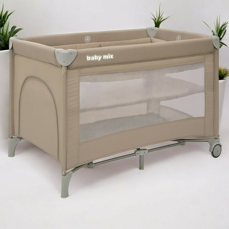 Patut pliant, Baby Mix, Cu doua nivele, Cu intrare laterala cu fermoar, 2 roti, 120 x 60 cm, Conform cu standardul european de securitate EN 716+AC:2019-07, Beige