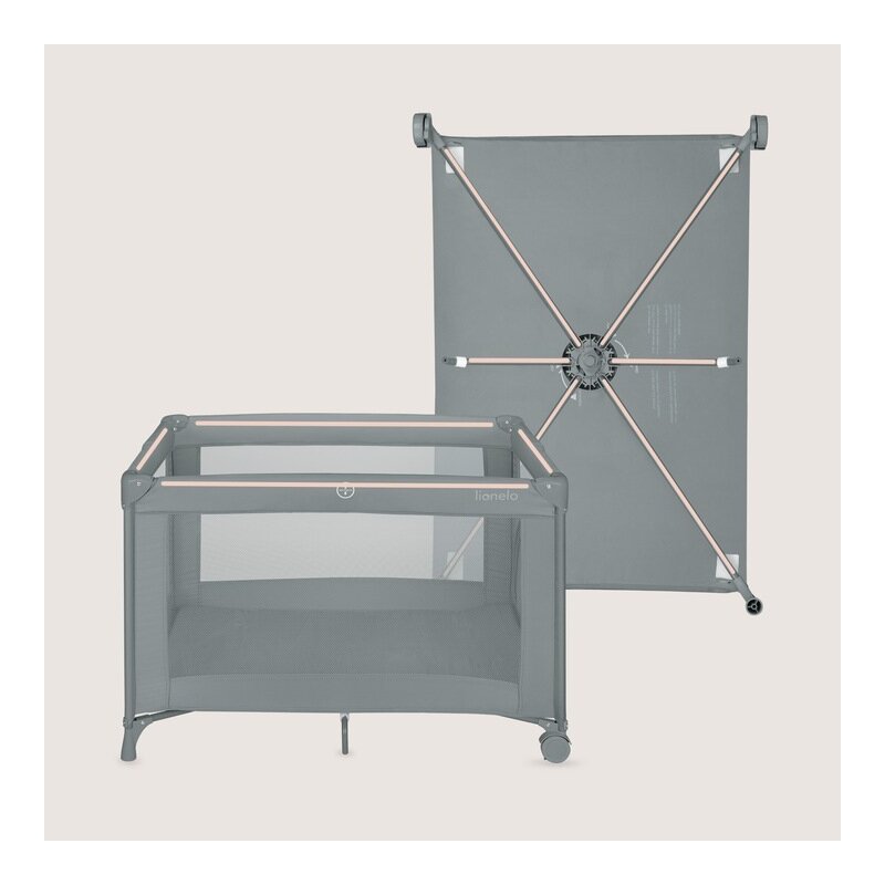 Patut pliant, Lionelo, Amelie, Cu intrare laterala, 100.5×70.5 cm, Include salteluta, roti, geanta pentru transport, Constructie usoara- 7 kg, Cadru stabil din otel, Gri