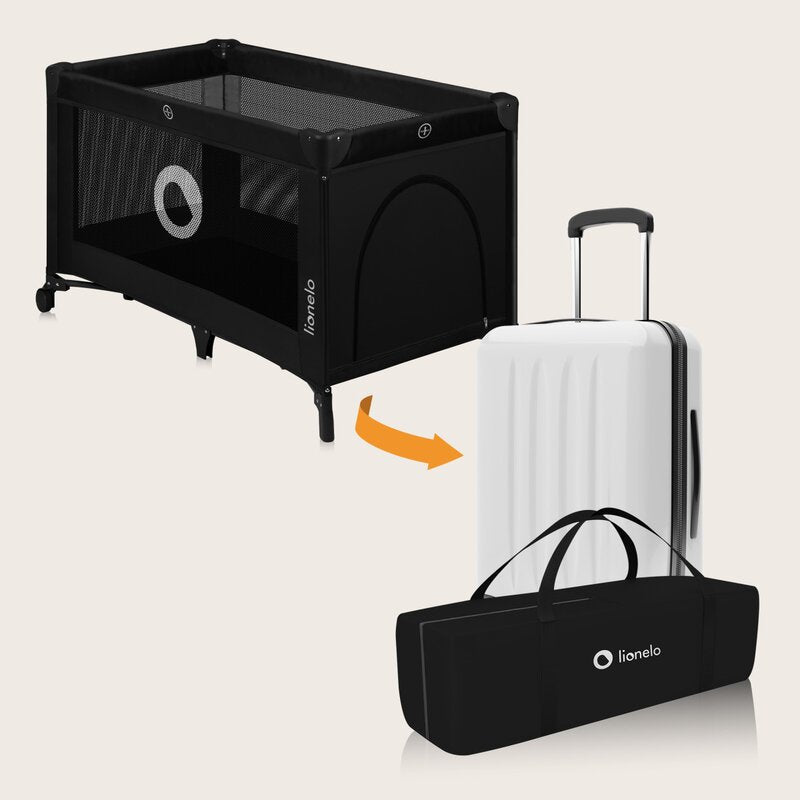 Patut pliant, Lionelo, Stefi, Cu un nivel, Cu intrare laterala cu fermoar, 2 roti, 120x60 cm, Conform cu standardul european de securitate EN 716, Negru
