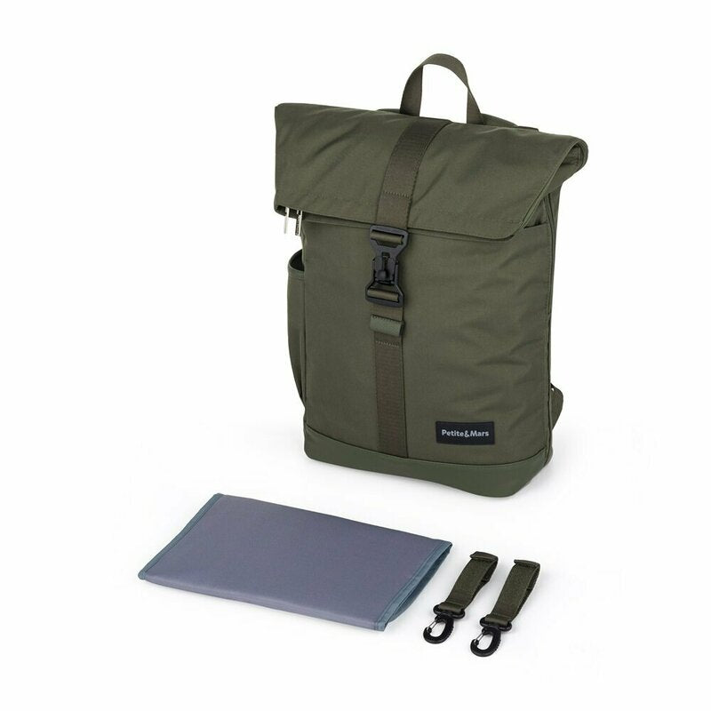 Rucsac pentru mamici, Petite&Mars, Jackob, Compartimentare multipla, Buzunare termoizolante si impermeabile si pentru laptop, Sistem prindere carucior, Include salteluta de infasat, 30 x 46 x 15 cm, Verde