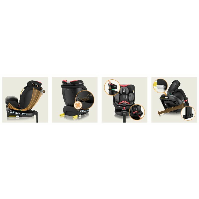 Scaun auto, Lionelo, i-Size Navy, 0-36 Kg, 40-150 cm, Cu isofix si picior de fixare, Protectie laterala, Rotire 360 grade, Ajustare spatar in 4 pozitii, Tetiera reglabila in 11 trepte, Conform cu R129, Negru/Rosu