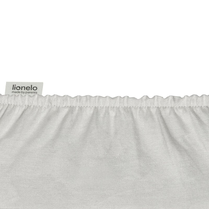 Set cearceafuri cu elastic, Lionelo, Pentru patuturi 120 x 60 cm, Pentru saltele de max. 10 cm inaltime, Din bambus, Usor de spalat, 30 grade, Fara calcare, Ecologic, Alb/Gri
