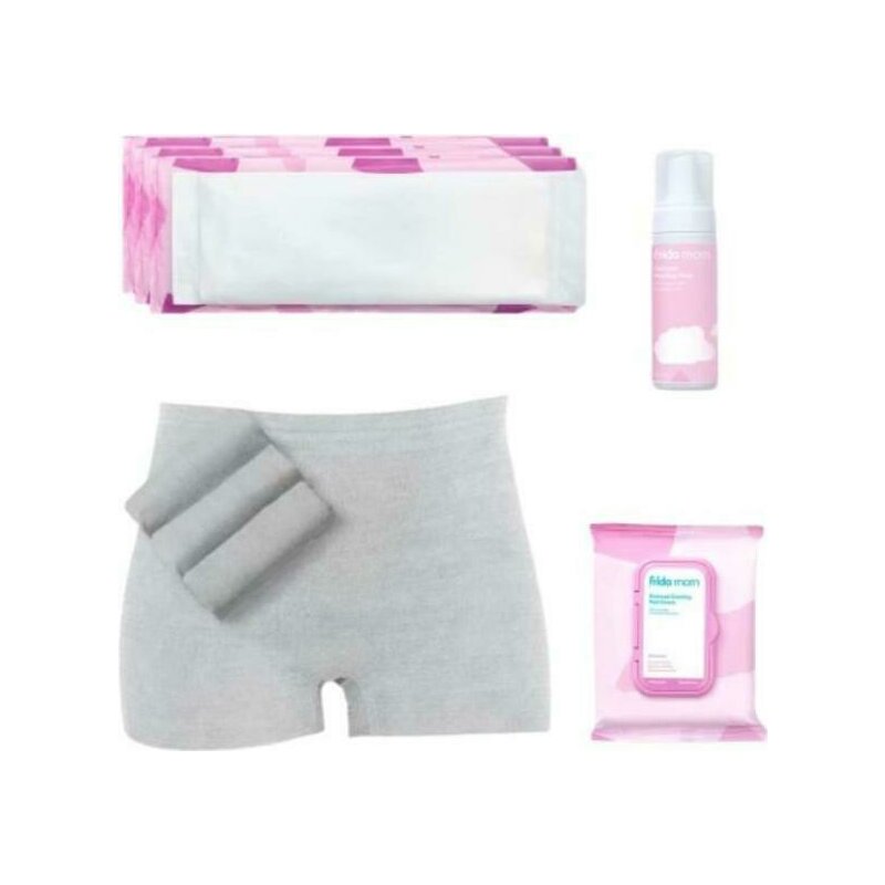 Set postnatal pentru maternitate, Frida Mom, Must Have, 4 bucati chiloti postpartum, 4 tampoane Ice Maxi, 24 tampoane racoritoare, Spuma pentru recuperare 150 ml, Sac depozitare, XS-XL