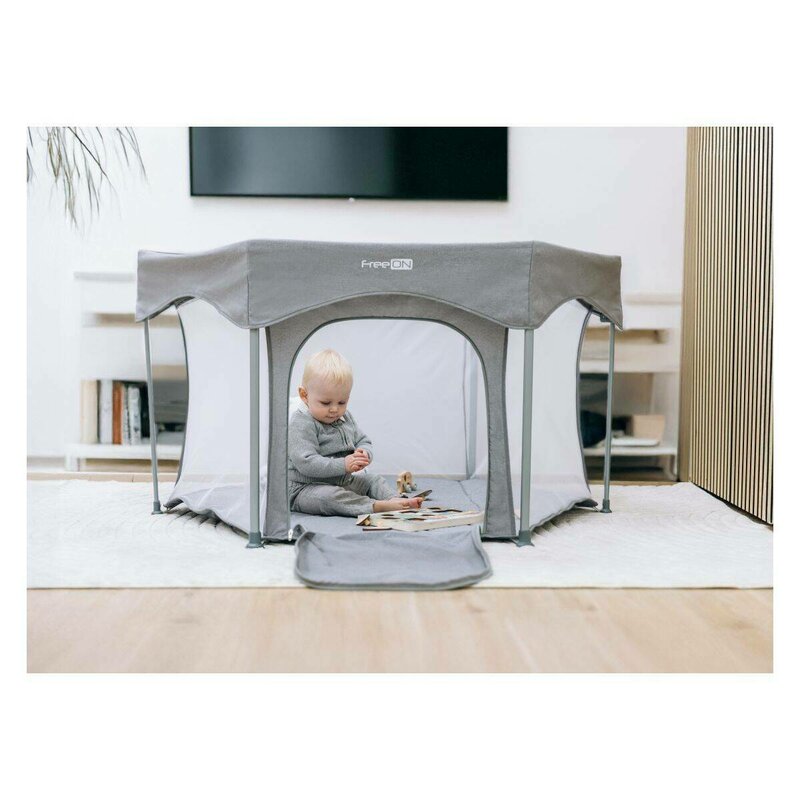 Tarc de joaca, FreeON, Hexagon, Pliabil, Intrare cu fermoar, Cu geanta de transport, 117 x 74 cm, Grey