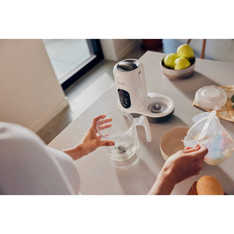Aparat de gatit, Lionelo, BabyMenu, 5 in 1, Cu gatire la abur, dezghetare, amestecare, incalzire, sterilizare, Cu recipient din tritan, Alb