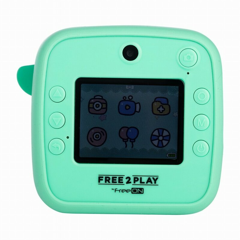 Aparat foto copii cu printare instant, Free2Play, Camere duale fata-spate, Cadre distractive, Cu 6 filtre, Dino