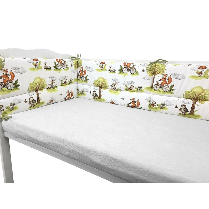 Aparatoare pentru patut, Qmini, Din bumbac certificat Oeko Tex Standard 100, 180x30 cm, Cu panglici, Fox on bikes Natural