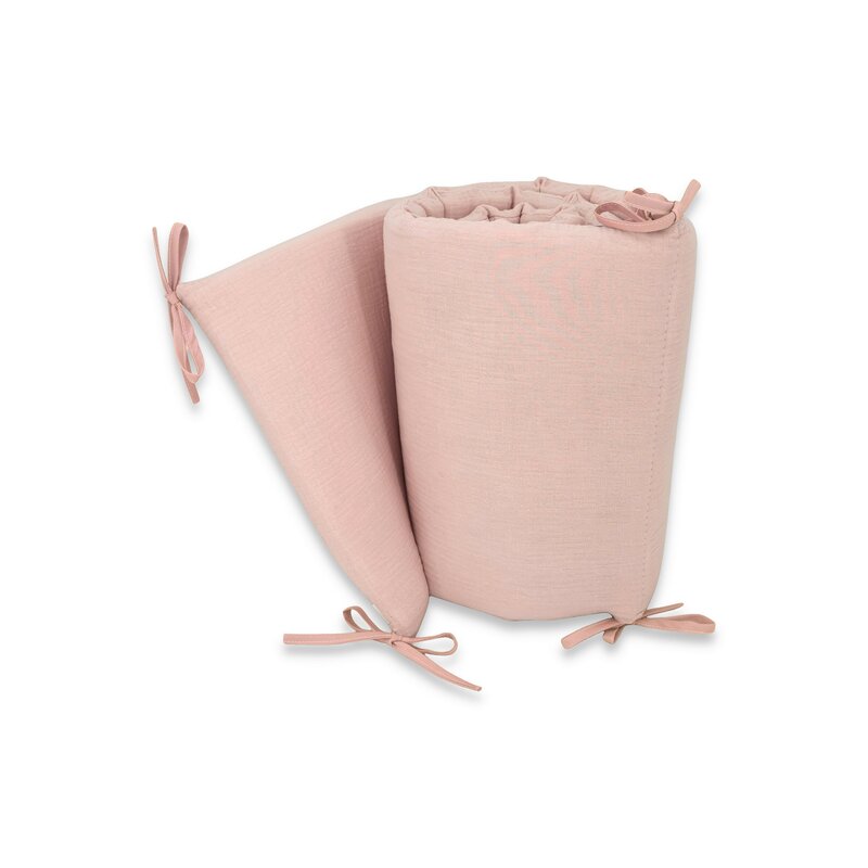 Aparatoare pentru patut, Qmini, Din muselina dubla, 180x30 cm, Cu panglici, Material certificat Oeko Tex Standard 100, Powder Pink