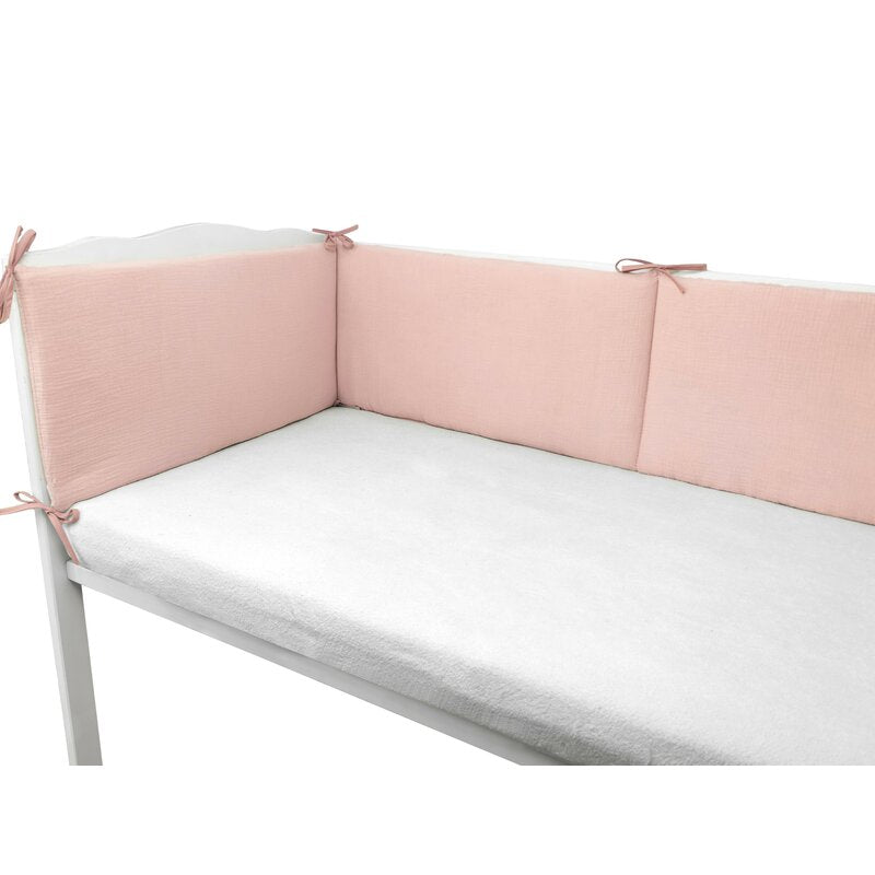 Aparatoare pentru patut, Qmini, Din muselina dubla, 180x30 cm, Cu panglici, Material certificat Oeko Tex Standard 100, Powder Pink