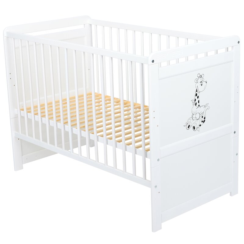 Patut din lemn bebe, Transformabil si pentru junior, 120x60 cm, Multifunctional, Din lemn de pin si mdf, Stabil si rezistent, Inaltime saltea reglabila pe 3 nivele, Laterala cu 3 bete detasabile, EN716-1, EN716-2, Alb, Babyneeds, Nadia II, Girafa