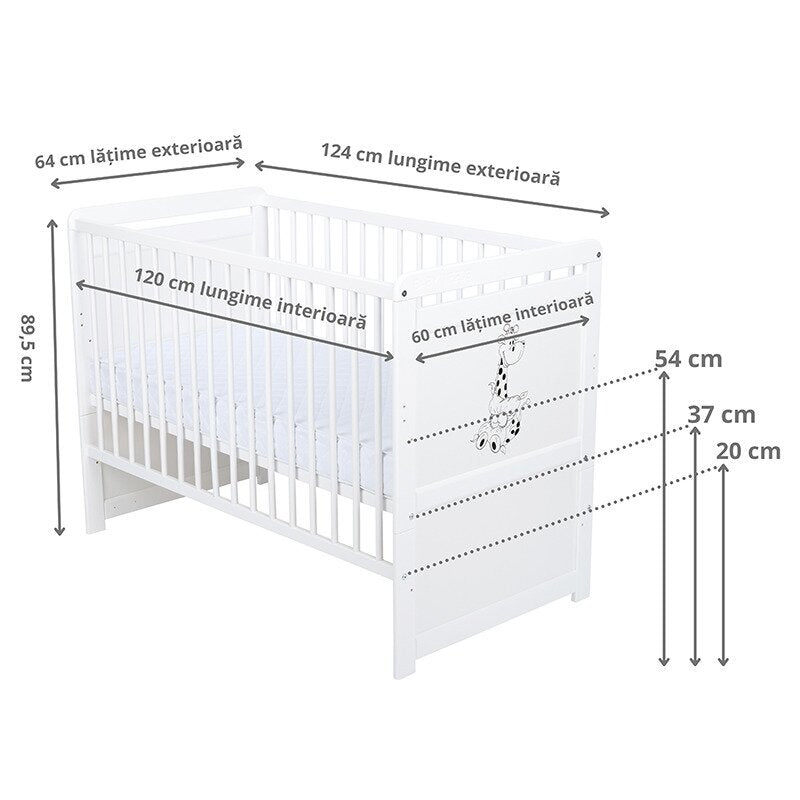 Patut din lemn bebe, Transformabil si pentru junior, 120x60 cm, Multifunctional, Din lemn de pin si mdf, Stabil si rezistent, Inaltime saltea reglabila pe 3 nivele, Laterala cu 3 bete detasabile, EN716-1, EN716-2, Alb, Babyneeds, Nadia II, Girafa