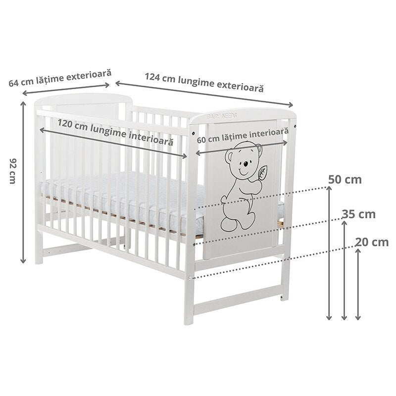 Patut din lemn bebe, 120x60 cm, Din lemn de pin si mdf, Stabil si rezistent, Inaltime saltea reglabila pe 3 nivele, Laterala cu 3 bete detasabile, EN716-1, EN716-2, Alb, Babyneeds, Timmi