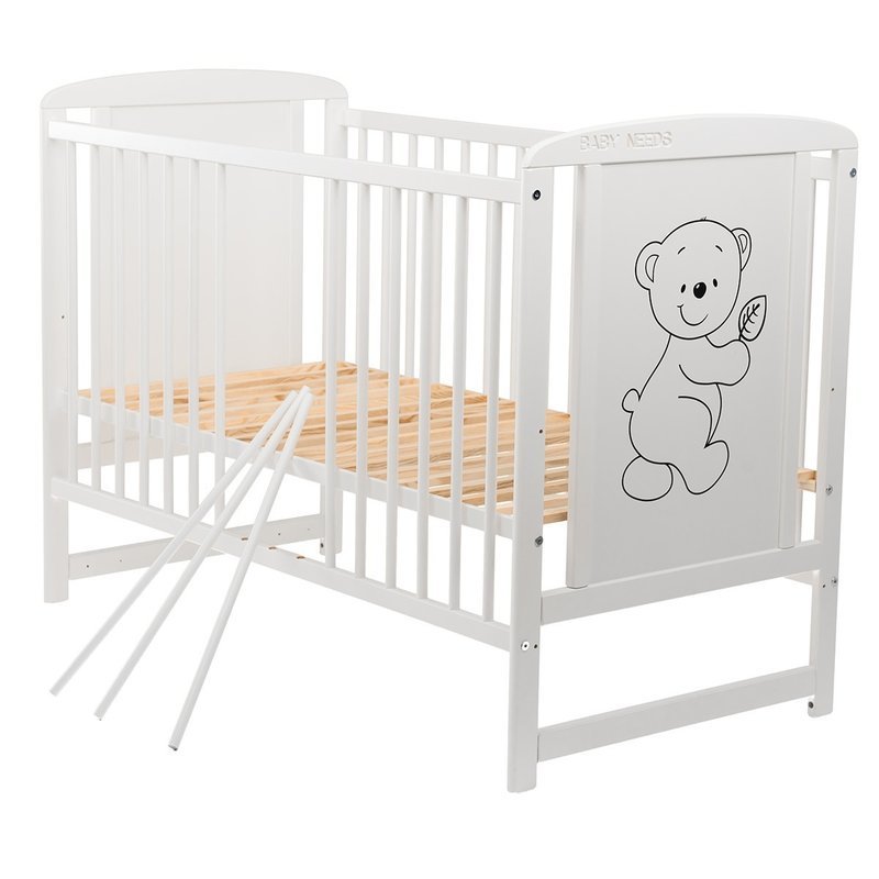 Patut din lemn bebe, 120x60 cm, Din lemn de pin si mdf, Stabil si rezistent, Inaltime saltea reglabila pe 3 nivele, Laterala cu 3 bete detasabile, EN716-1, EN716-2, Alb, Babyneeds, Timmi