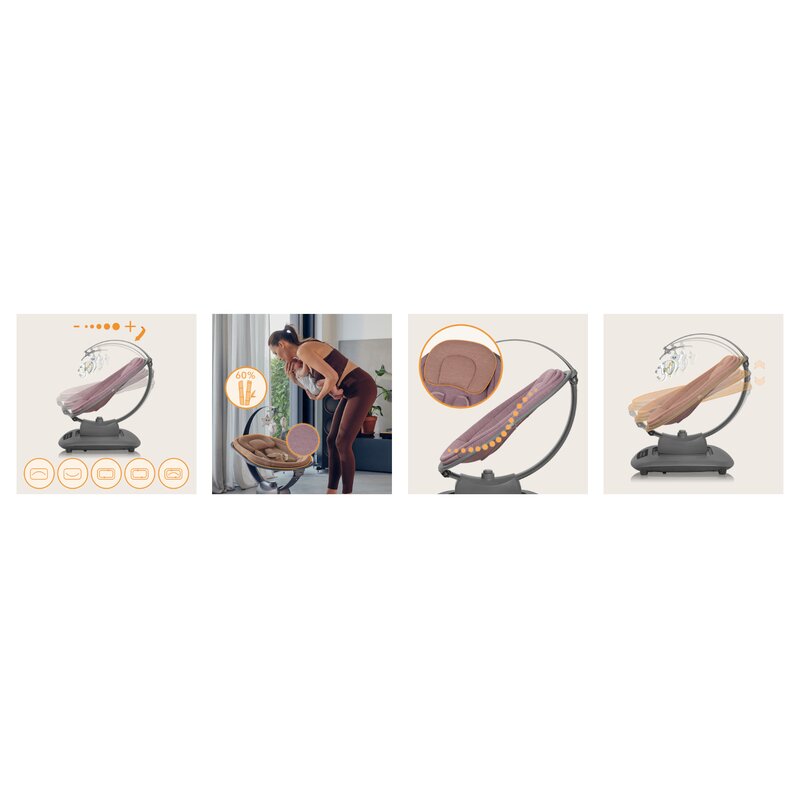 Balansoar si sezlong, Lionelo, Blossom, 5 melodii, 5 moduri de balansare, Cu jucarii, Husa respirabila, 60% bambus, Cu telecomanda, Reglare pozitie scaun pentru somn, Pana la 9 kg, Mov