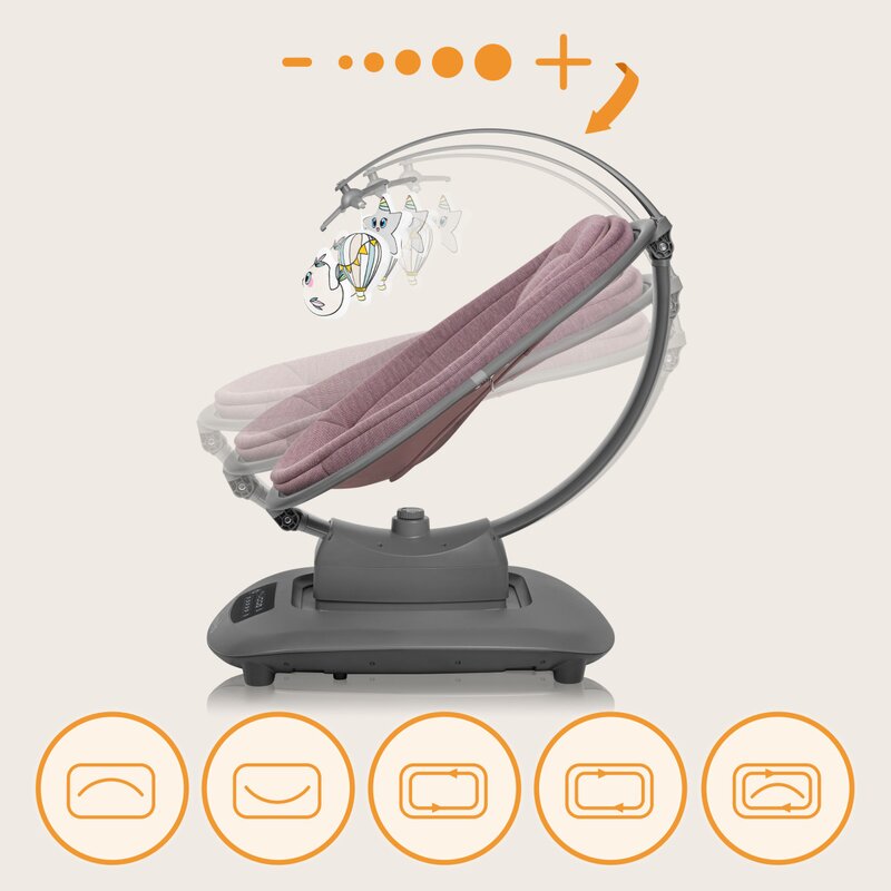 Balansoar si sezlong, Lionelo, Blossom, 5 melodii, 5 moduri de balansare, Cu jucarii, Husa respirabila, 60% bambus, Cu telecomanda, Reglare pozitie scaun pentru somn, Pana la 9 kg, Mov