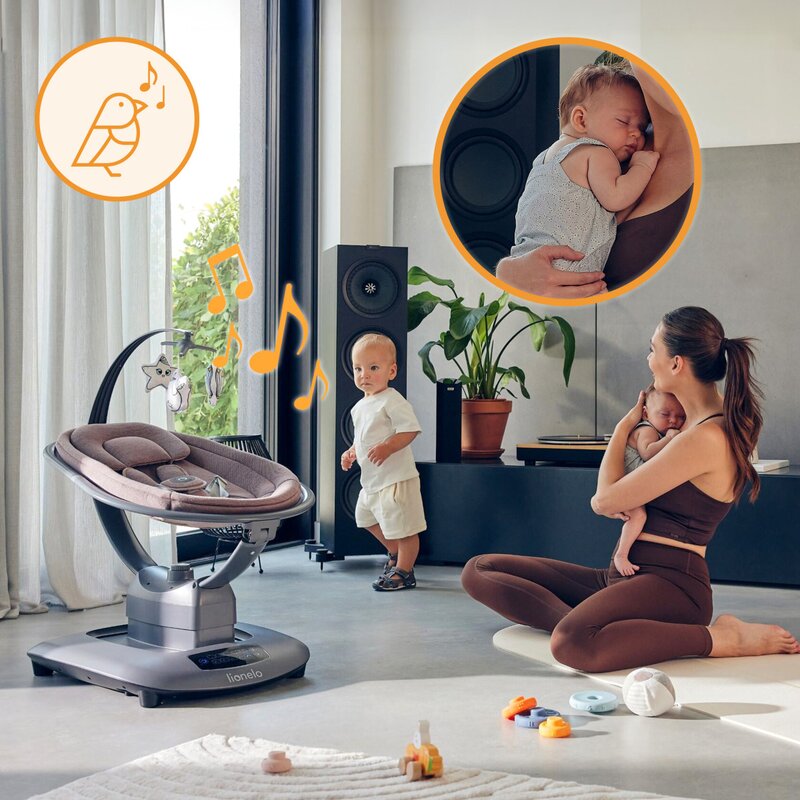 Balansoar si sezlong, Lionelo, Blossom, 5 melodii, 5 moduri de balansare, Cu jucarii, Husa respirabila, 60% bambus, Cu telecomanda, Reglare pozitie scaun pentru somn, Pana la 9 kg, Mov