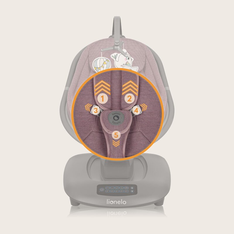 Balansoar si sezlong, Lionelo, Blossom, 5 melodii, 5 moduri de balansare, Cu jucarii, Husa respirabila, 60% bambus, Cu telecomanda, Reglare pozitie scaun pentru somn, Pana la 9 kg, Mov
