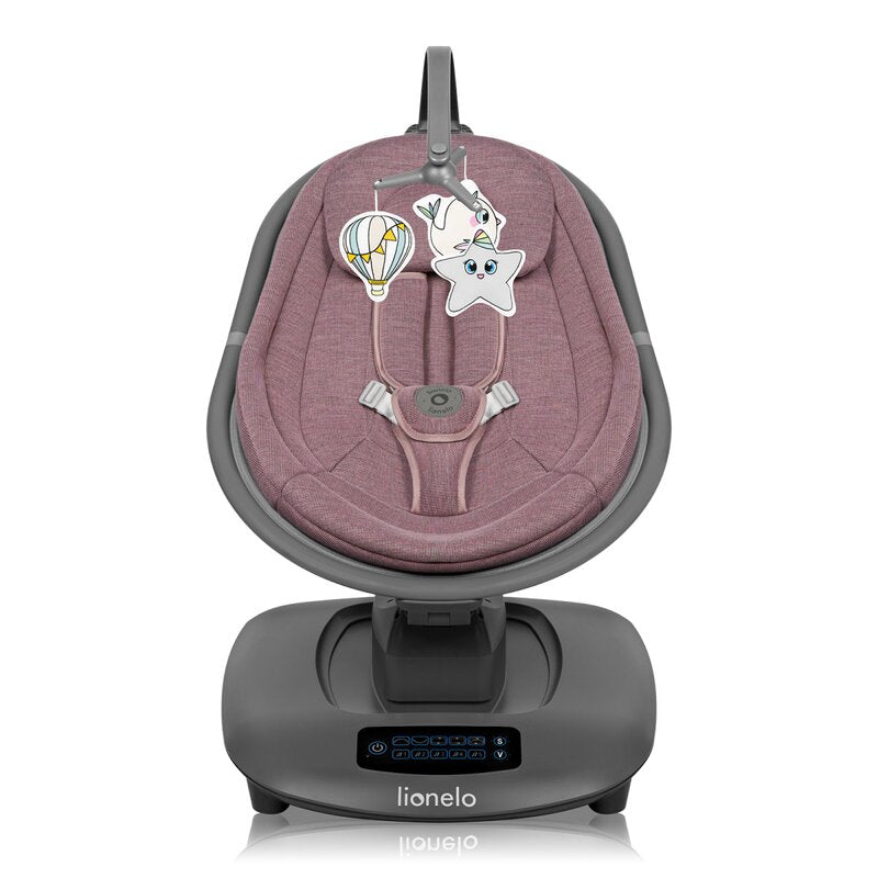 Balansoar si sezlong, Lionelo, Blossom, 5 melodii, 5 moduri de balansare, Cu jucarii, Husa respirabila, 60% bambus, Cu telecomanda, Reglare pozitie scaun pentru somn, Pana la 9 kg, Mov