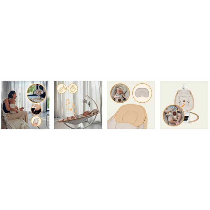 Balansoar si sezlong, Lionelo, Olivia, 2 in 1, Electric, Cu leganare 3D, 5 moduri de balansare in mai multe directii, Cu 13 melodii, Scaun pivotant la 180 grade, Reglabil, Cu arcada jucarii, Bej