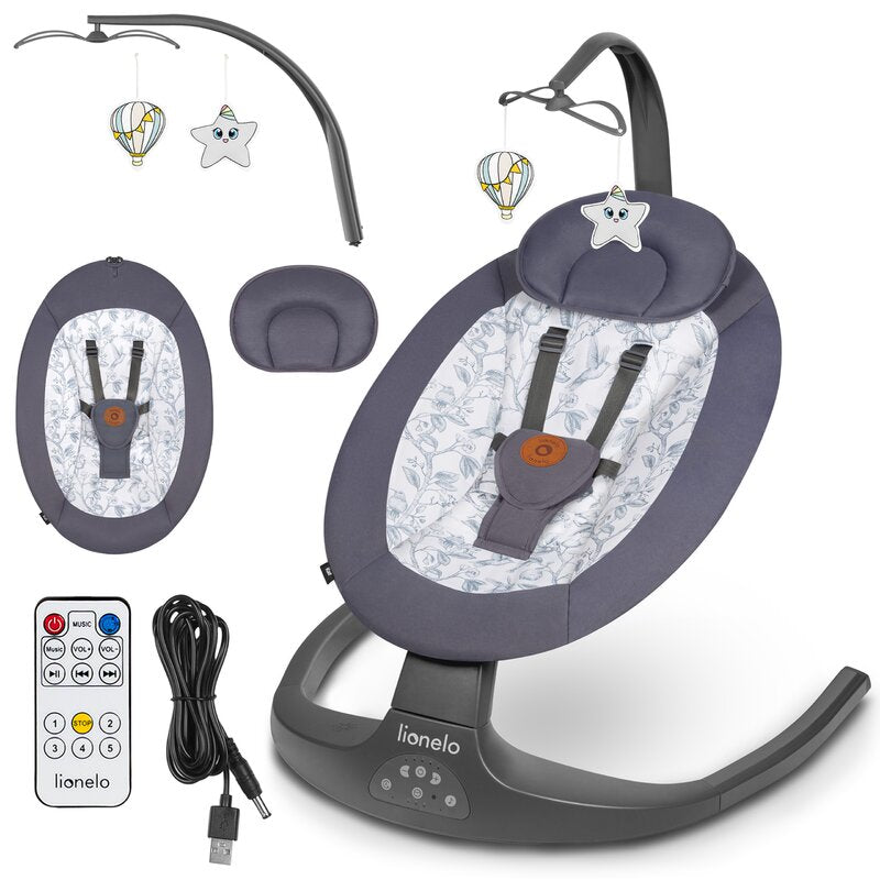 Balansoar si sezlong, Lionelo, Ralf, 2 in 1, Electric, Cu telecomanda si cablu USB, Cu miscare laterala de balansare si 5 niveluri diferite de viteza, Cu 12 melodii, Gri/Alb