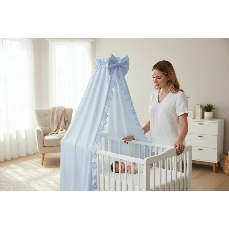 Baldachin, MimiNu, Pentru patut, Cu funda si volanas, 210x145 cm, Material certificat Oeko Tex Standard 100, Colectia Royal, Blue