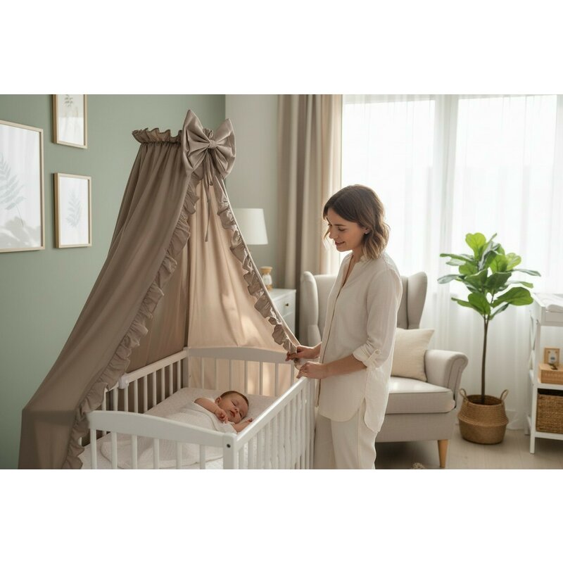 Baldachin, MimiNu, Pentru patut, Cu funda si volanas, 210x145 cm, Material certificat Oeko Tex Standard 100, Colectia Royal, Mocha
