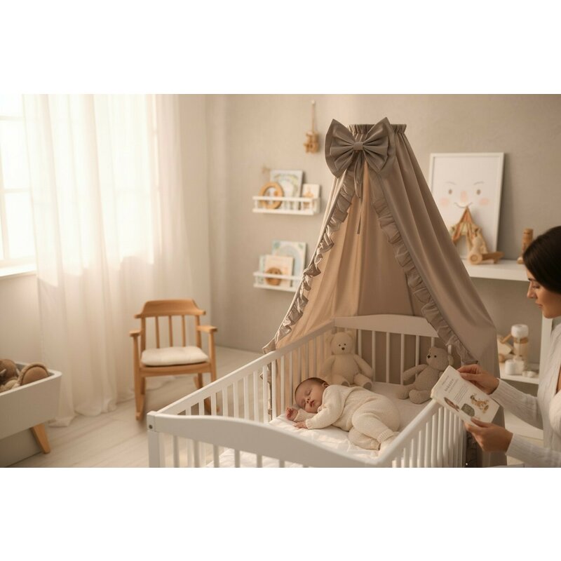Baldachin, MimiNu, Pentru patut, Cu funda si volanas, 210x145 cm, Material certificat Oeko Tex Standard 100, Colectia Royal, Mocha