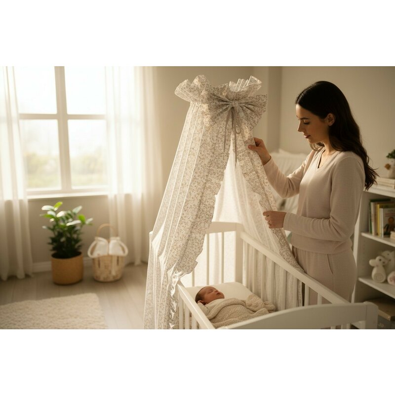 Baldachin, MimiNu, Premium, Pentru patut, Cu funda si volanas, 210x145 cm, Material certificat Oeko Tex Standard 100, Meadow