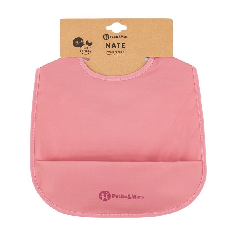 Baveta impermeabila cu buzunar, Petite&Mars, Nate, Fara PVC si ftalati, 37 × 27 cm, 6 luni+, Prindere velcro, Roz