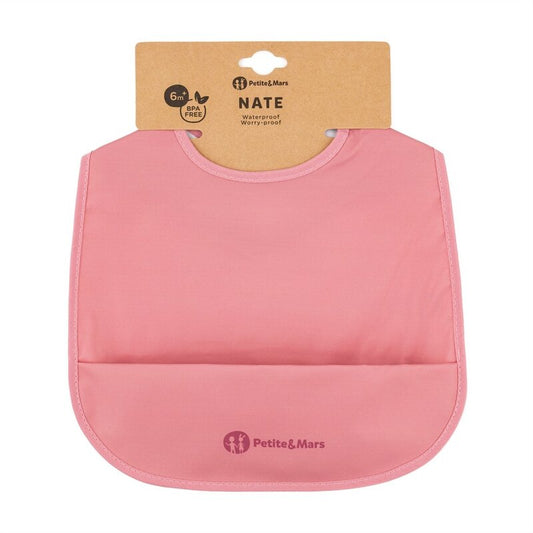 Baveta impermeabila cu buzunar, Petite&Mars, Nate, Fara PVC si ftalati, 37 × 27 cm, 6 luni+, Prindere velcro, Roz