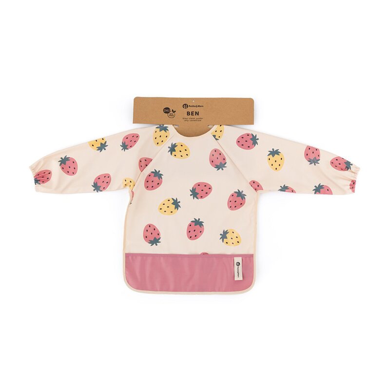 Baveta impermeabila, Petite&Mars, Cu maneci lungi, Usor de curatat, inchidere prin velcro, Dimensiune 38x42 cm, 24 luni+, Beige Strawberies