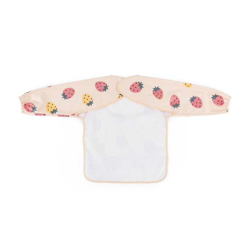 Baveta impermeabila, Petite&Mars, Cu maneci lungi, Usor de curatat, inchidere prin velcro, Dimensiune 38x42 cm, 24 luni+, Beige Strawberies