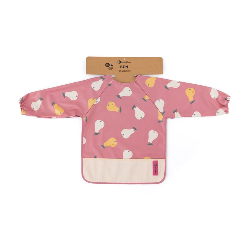 Baveta impermeabila, Petite&Mars, Cu maneci lungi, Usor de curatat, inchidere prin velcro, Dimensiune 38x42 cm, 24 luni+, Pink Pears
