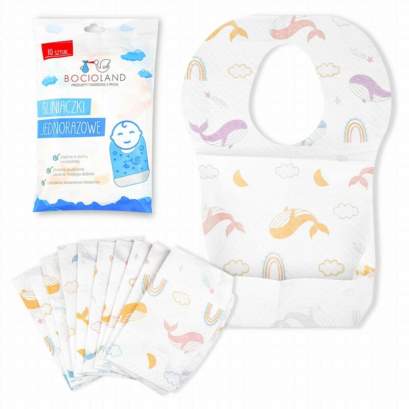 Bavete de unica folosinta, Bocioland, Cu buzunar, Set de 10 bucati, Multicolor