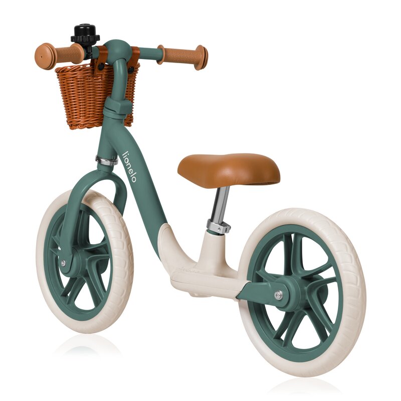 Bicicleta fara pedale, Lionelo, Alex Plus, Usoara, Cu ghidon si sa reglabile, Include cos depozitare si sonerie, Din otel, Cu roti din spuma EVA, 12 inch, Green Forest