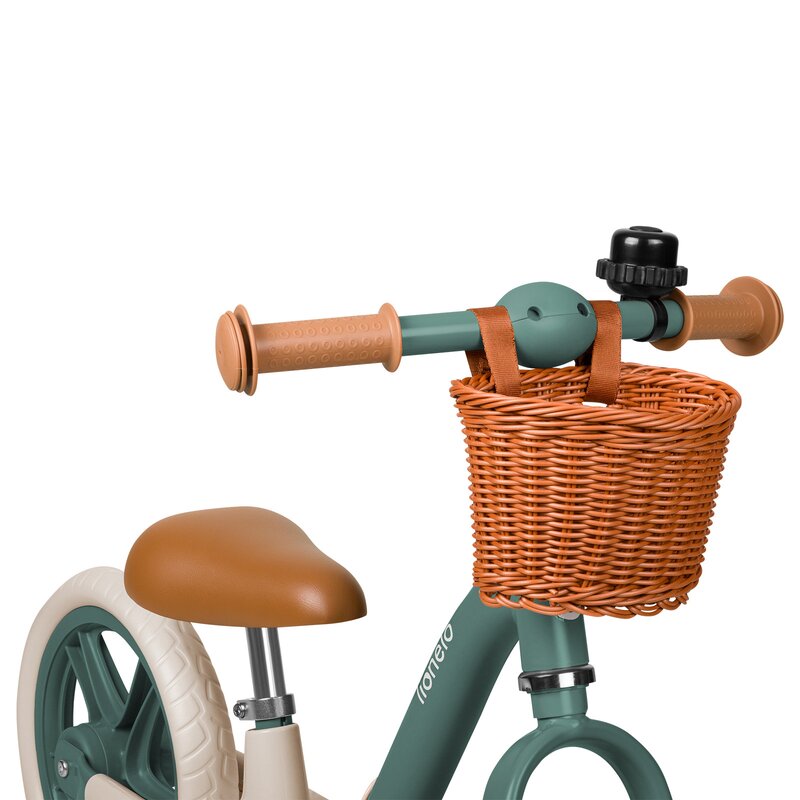 Bicicleta fara pedale, Lionelo, Alex Plus, Usoara, Cu ghidon si sa reglabile, Include cos depozitare si sonerie, Din otel, Cu roti din spuma EVA, 12 inch, Green Forest