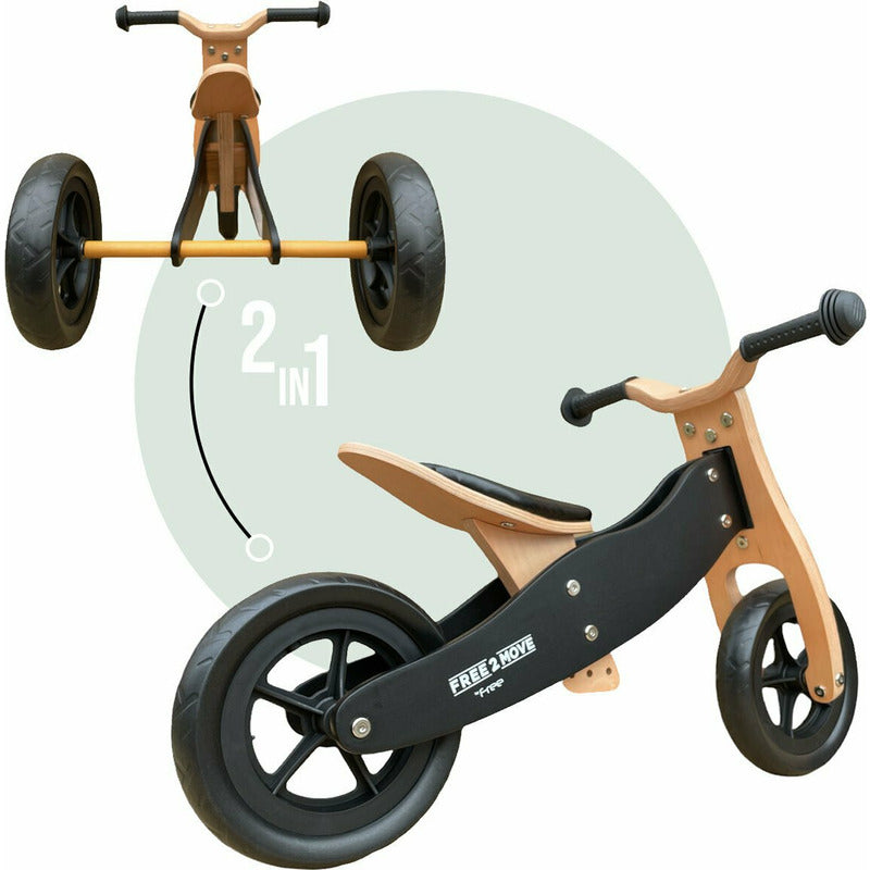Bicicleta/tricicleta fara pedale, Free2Move, Din lemn, 2 in 1, Functie de bicicleta echilibru, Sa reglabila, Manere antiderapante, Roti ajustabile, 18 luni - 3 ani, Conform cu standardele europene EN71-1;2018, EN71-2:2020, EN71-3:2021, Brown White