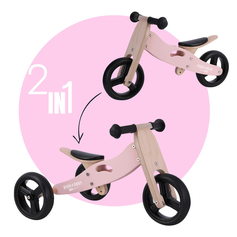 Bicicleta/tricicleta fara pedale, Free2Move, Din lemn, 2 in 1, Functie de bicicleta echilibru, Scaun reglabil, Roti ajustabile, Manere antiderapante, Varsta 1-3 ani, Conform cu standardele europene EN71-1;2018, EN71-2:2020, EN71-3:2021, Dusty Pink