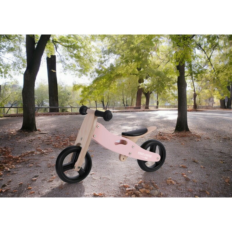 Bicicleta/tricicleta fara pedale, Free2Move, Din lemn, 2 in 1, Functie de bicicleta echilibru, Scaun reglabil, Roti ajustabile, Manere antiderapante, Varsta 1-3 ani, Conform cu standardele europene EN71-1;2018, EN71-2:2020, EN71-3:2021, Dusty Pink