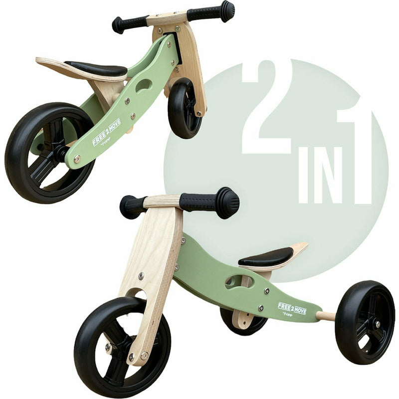 Bicicleta/tricicleta fara pedale, Free2Move, Din lemn, 2 in 1, Functie de bicicleta echilibru, Scaun reglabil, Roti ajustabile, Manere antiderapante, Varsta 1-3 ani, Conform cu standardele europene EN71-1;2018, EN71-2:2020, EN71-3:2021, Mint