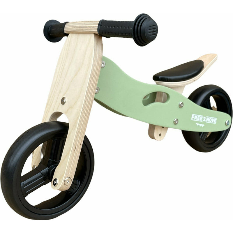 Bicicleta/tricicleta fara pedale, Free2Move, Din lemn, 2 in 1, Functie de bicicleta echilibru, Scaun reglabil, Roti ajustabile, Manere antiderapante, Varsta 1-3 ani, Conform cu standardele europene EN71-1;2018, EN71-2:2020, EN71-3:2021, Mint
