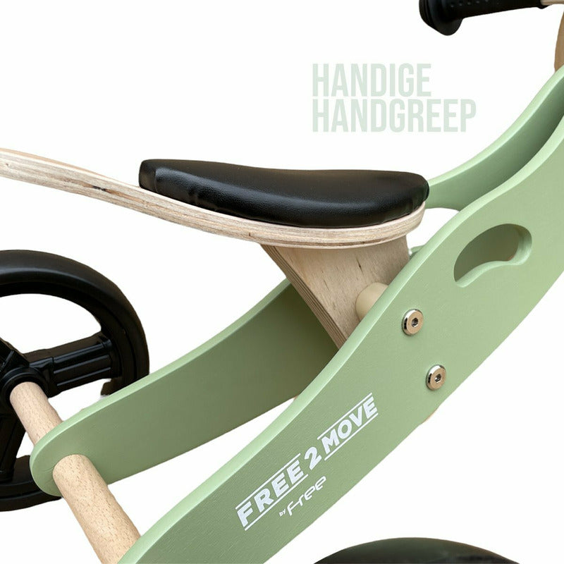 Bicicleta/tricicleta fara pedale, Free2Move, Din lemn, 2 in 1, Functie de bicicleta echilibru, Scaun reglabil, Roti ajustabile, Manere antiderapante, Varsta 1-3 ani, Conform cu standardele europene EN71-1;2018, EN71-2:2020, EN71-3:2021, Mint