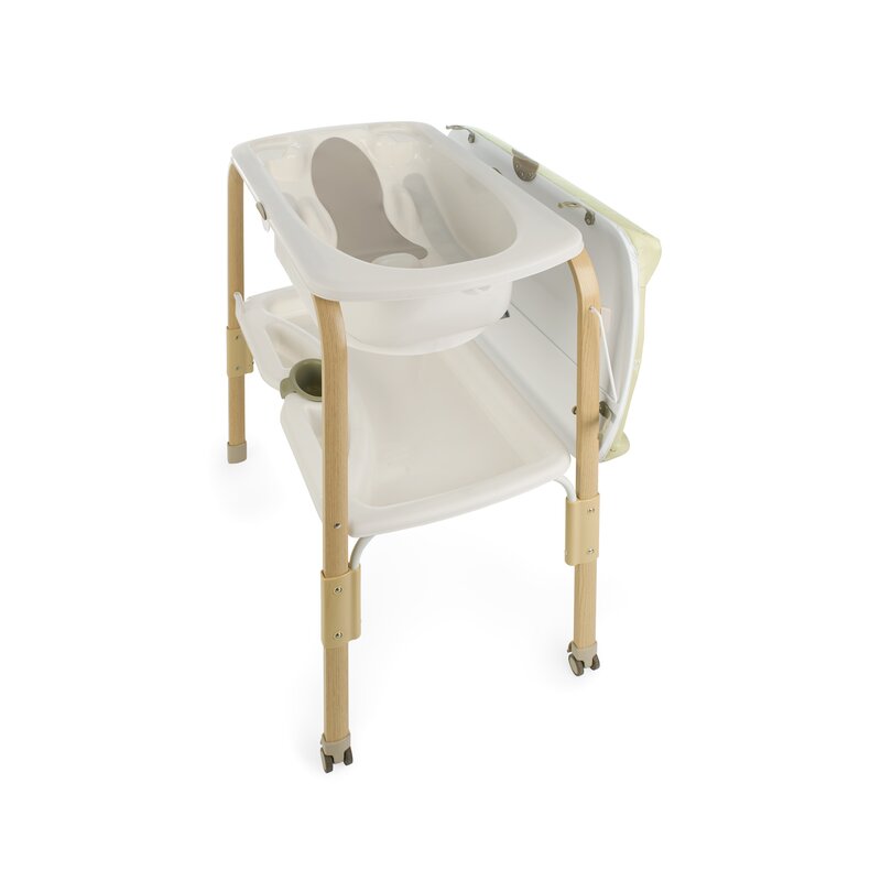 Cadita de baie cu suport, Jane, Flip, Cu 2 pozitii anatomice, Cu masuta de infasat, Cu tavita si compartimente pentru accesorii, Conform cu standardele europene EN 17072:2018EN 12221:2008+A1:2013, Sage