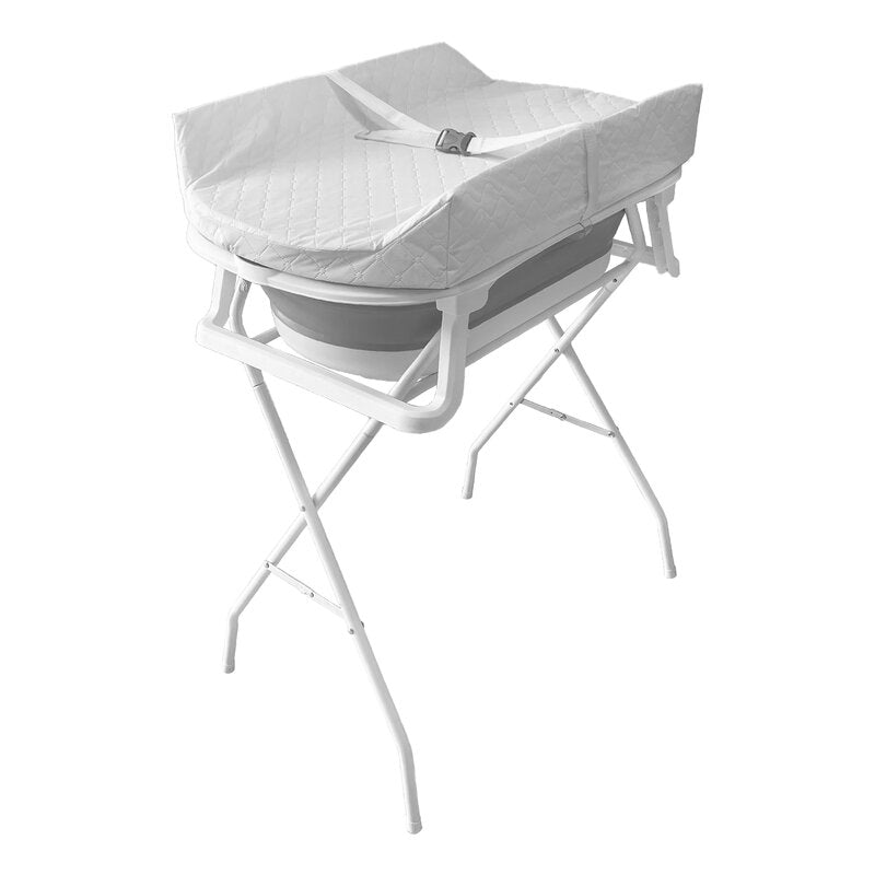 Cadita de baie pliabila, Qmini, Foldy Pro Care, Cu suport metalic si masuta de infasat, Cu termometru electronic, Cu dop si furtun pentru scurgere, Antiderapanta, 80×49 cm, Alb/Gri