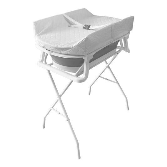 Cadita de baie pliabila, Qmini, Foldy Pro Care, Cu suport metalic si masuta de infasat, Cu termometru electronic, Cu dop si furtun pentru scurgere, Antiderapanta, 80×49 cm, Alb/Gri